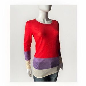 NWOT Enza Costa 100% Cashmere Large Color Block Sweater In Red, White & Purple